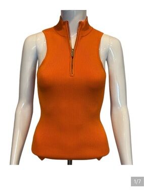 Karen Millen Fitted Ribbed Sleeveless 1/4 zip  Sweater Orange  Size S